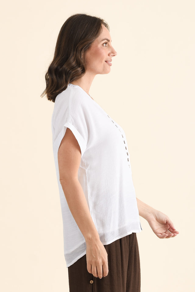 Attica White Cotton Blend Button Top,brunette model,Side of Outfit,alt text|model:MJ image 3