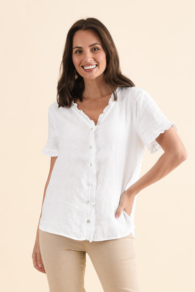 Audrey White Linen Button Top