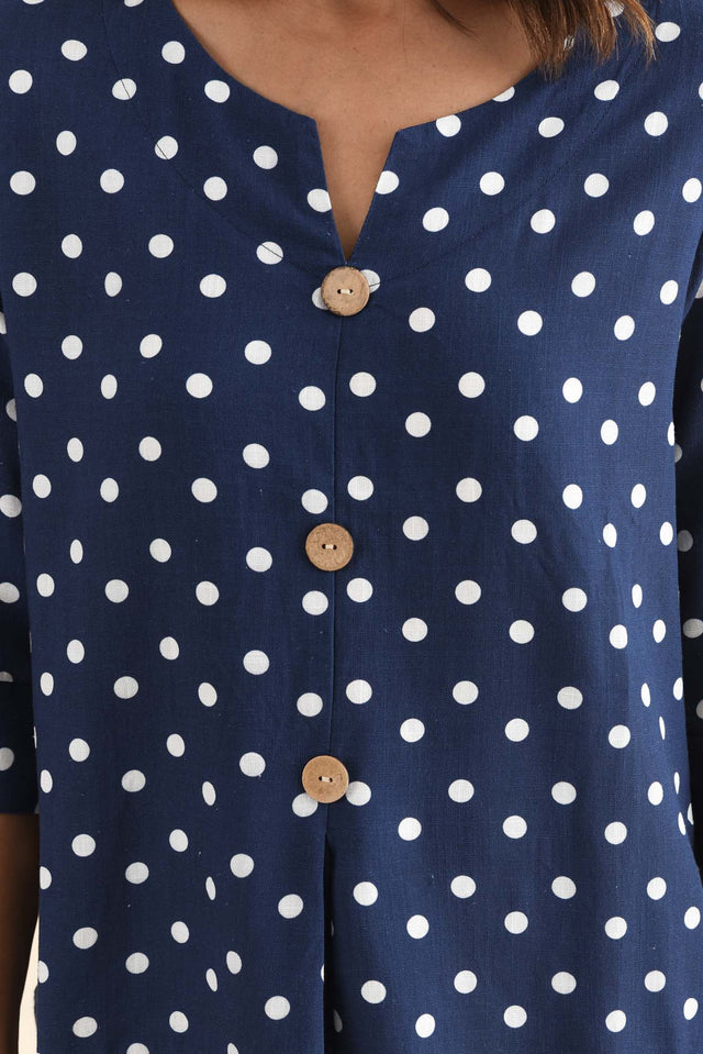 Augusta Navy Spot Linen Cotton Top,Detail,Brunette model,alt text|model:Cara image 5