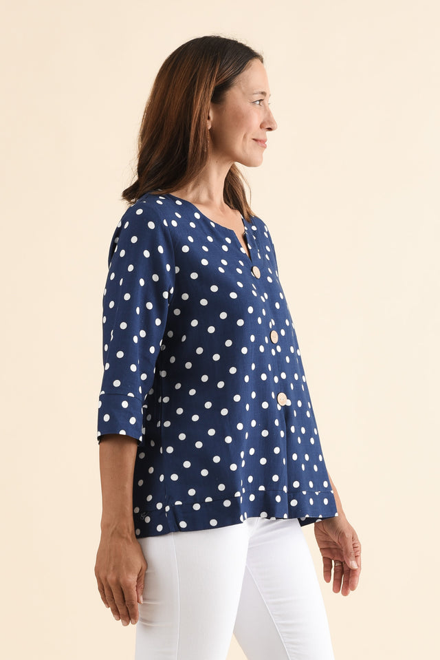 Augusta Navy Spot Linen Cotton Top,Side,Brunette model,alt text|model:Cara image 3