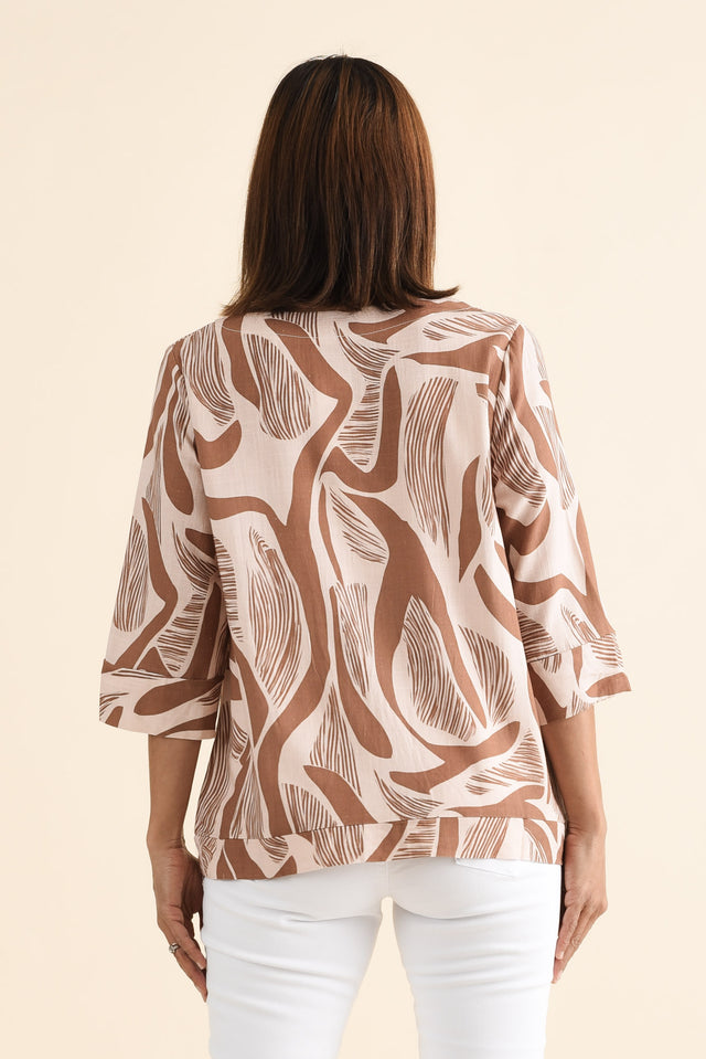 Augusta Tan Abstract Linen Cotton Top,brunette model,Back of Outfit,alt text|model:Cara image 4