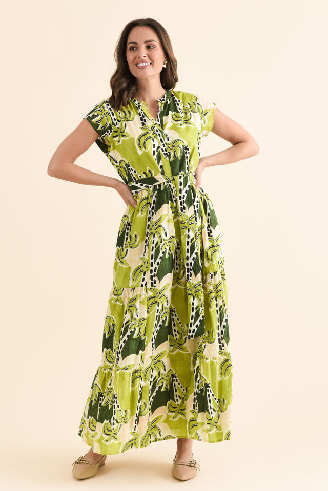 Avery Green Tropical Cotton Dress,Front,Brunette model,alt text|model:MJ image 1