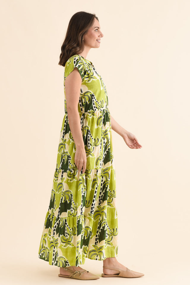 Avery Green Tropical Cotton Dress,Side,Brunette model,alt text|model:MJ image 3