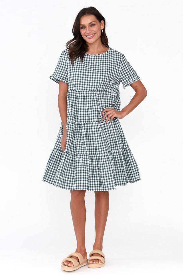 Ayaz Green Gingham Cotton Tiered Dress