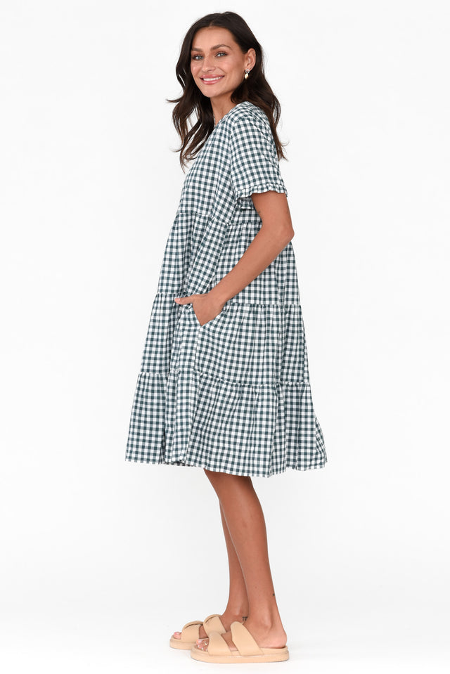 Ayaz Green Gingham Cotton Tiered Dress