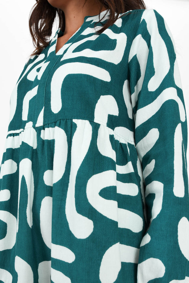 Azari Teal Abstract Cotton Corduroy Dress image 6