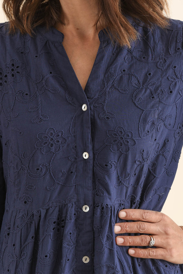 Banks Navy Cotton Embroidered Dress,Detail,Brunette model,alt text|model:Cara image 5