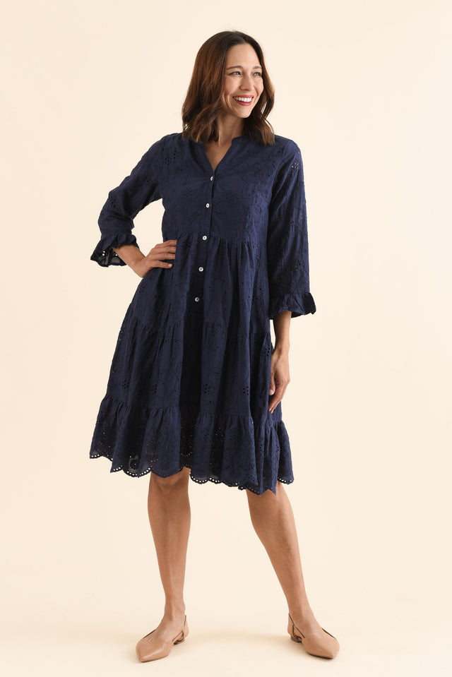Banks Navy Cotton Embroidered Dress,Front,Brunette model,alt text|model:Cara image 1