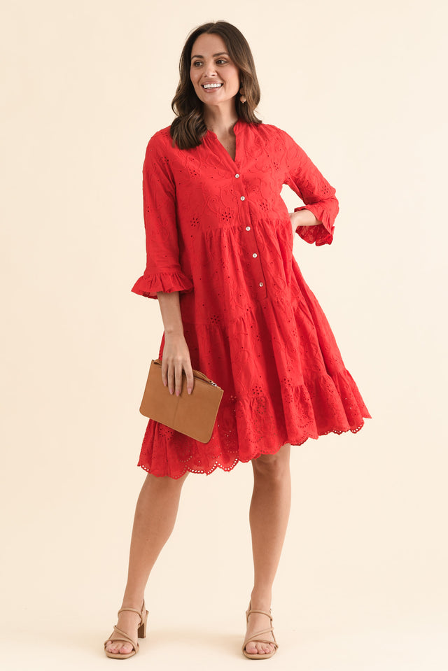 Banks Red Cotton Embroidered Dress,Front,Brunette model,alt text|model:MJ image 1