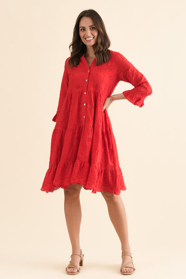 Banks Red Cotton Embroidered Dress,Full Body,Brunette model,alt text|model:MJ image 2