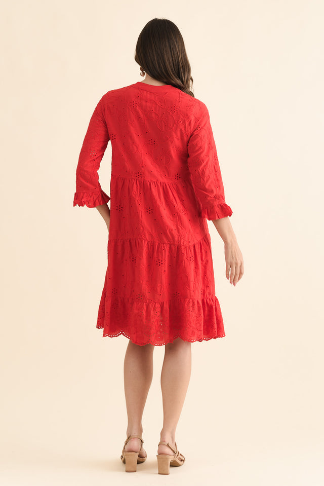 Banks Red Cotton Embroidered Dress,Back,Brunette model,alt text|model:MJ image 4