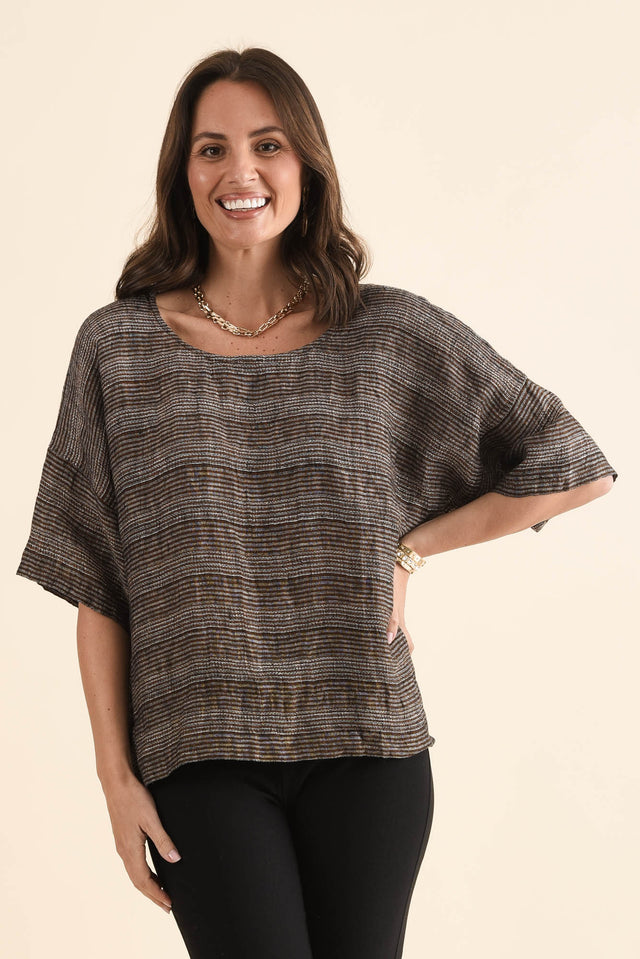 Barbara Charcoal Stripe Linen Top,Front,Brunette model,alt text|model:MJ image 1