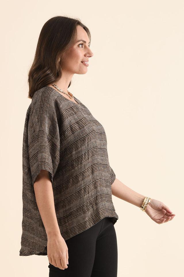 Barbara Charcoal Stripe Linen Top,Side,Brunette model,alt text|model:MJ image 3