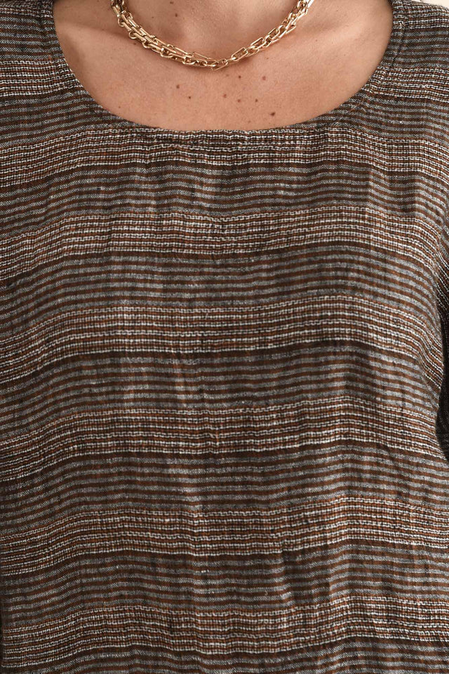 Barbara Charcoal Stripe Linen Top,Detail,Brunette model,alt text|model:MJ image 5