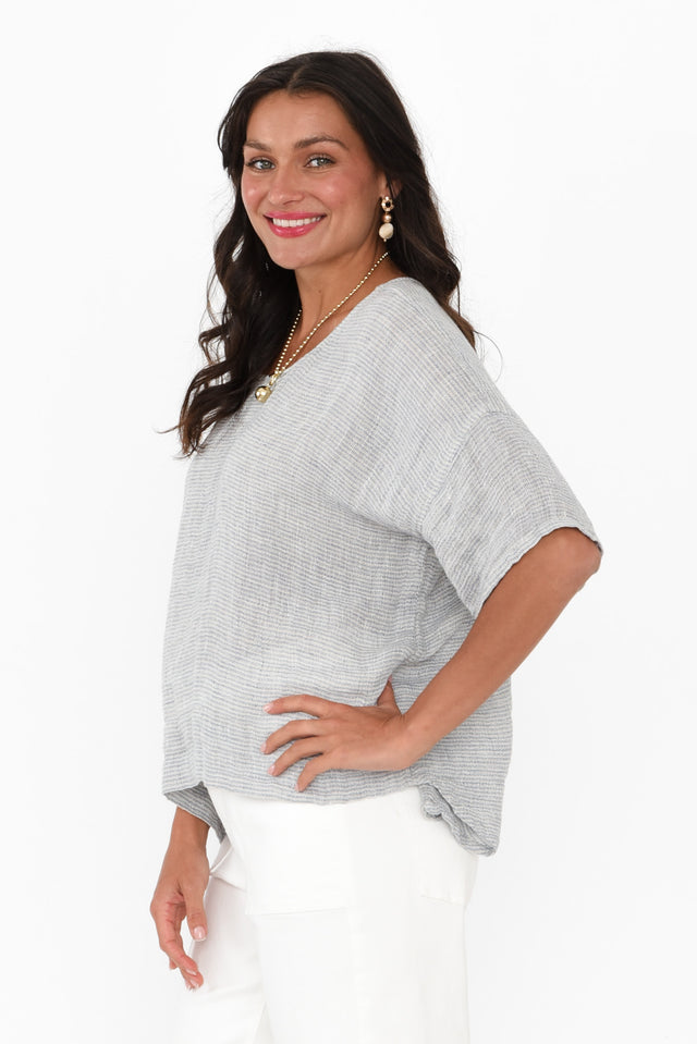 Barbara Light Blue Stripe Linen Top,Brunette model,alt text|model:Brontie image 5