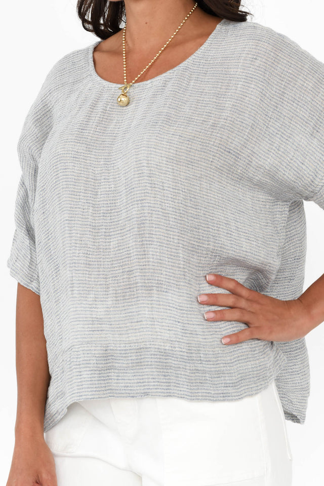 Barbara Light Blue Stripe Linen Top,Brunette model,alt text|model:Brontie image 6