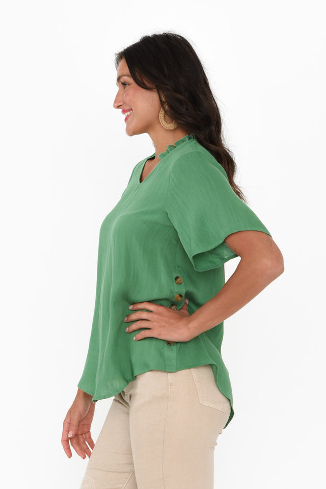 Bari Green Linen Button Top,Brunette model,alt text|model:Brontie image 4
