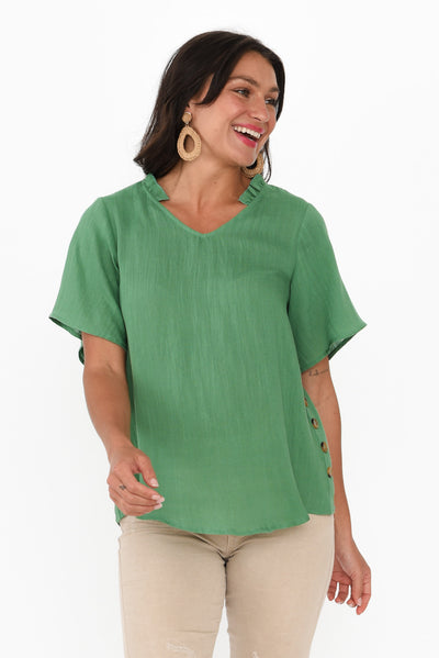 Bari Green Linen Button Top