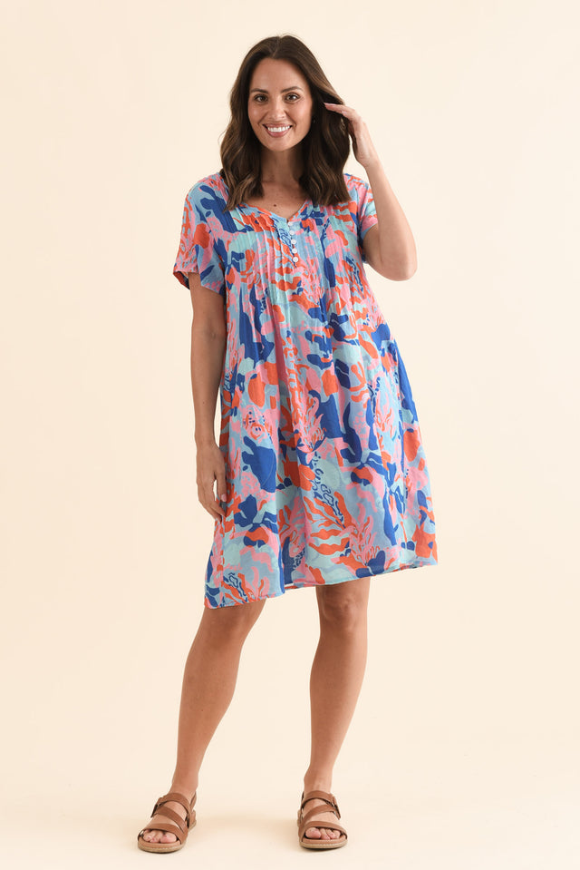 Barry Blue Watercolour Cotton Button Dress,Front,Brunette model,alt text|model:MJ image 1