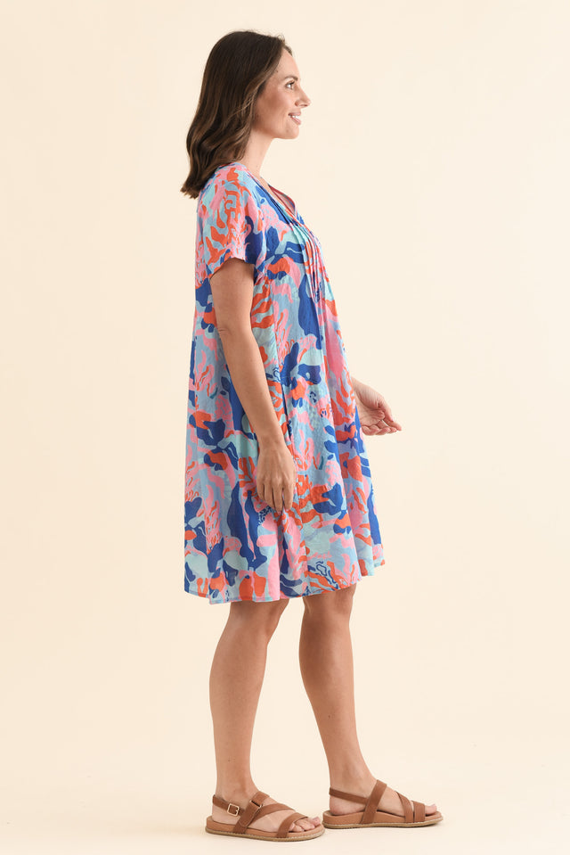 Barry Blue Watercolour Cotton Button Dress,Side,Brunette model,alt text|model:MJ image 3