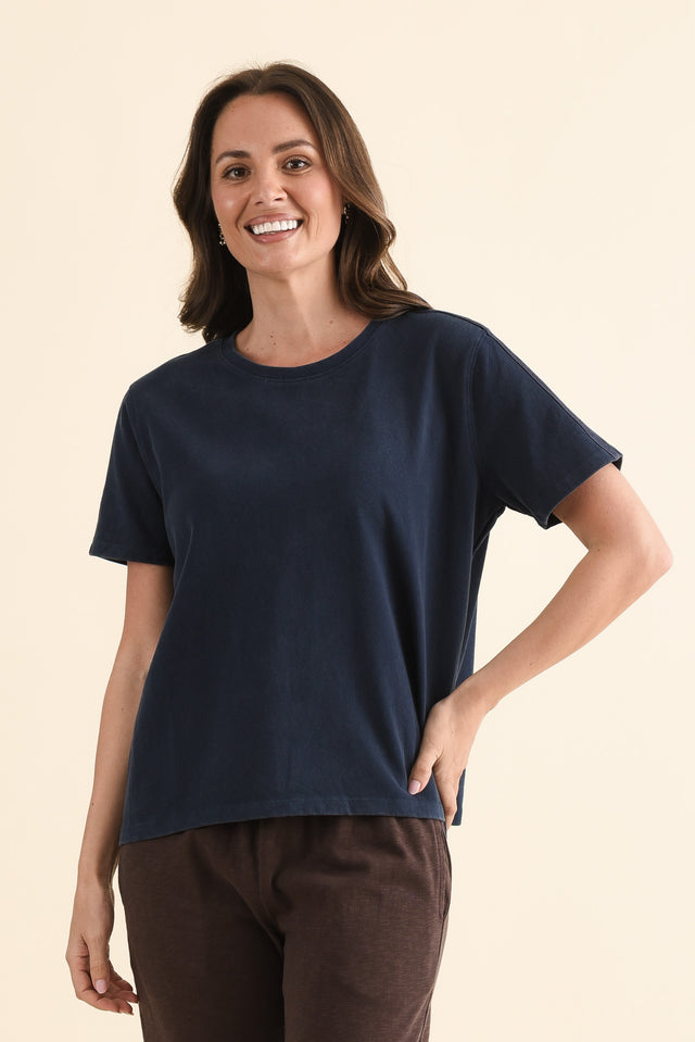 Base Navy Cotton Tee,Front,Brunette model,alt text|model:MJ