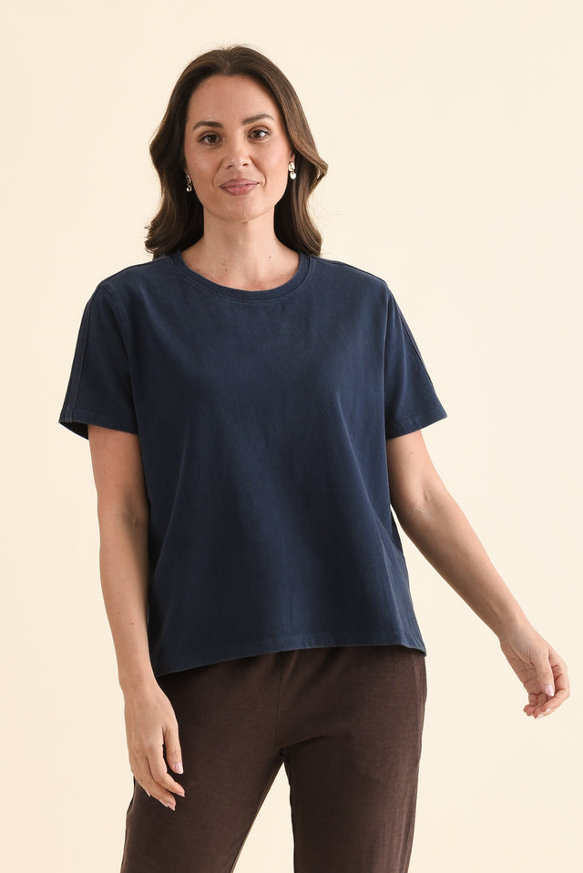 Base Navy Cotton Tee,Front,Brunette model,alt text|model:MJ image 1