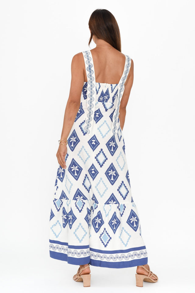 Bateau Blue Palm Linen Dress,Brunette model,alt text|model:Cara image 5