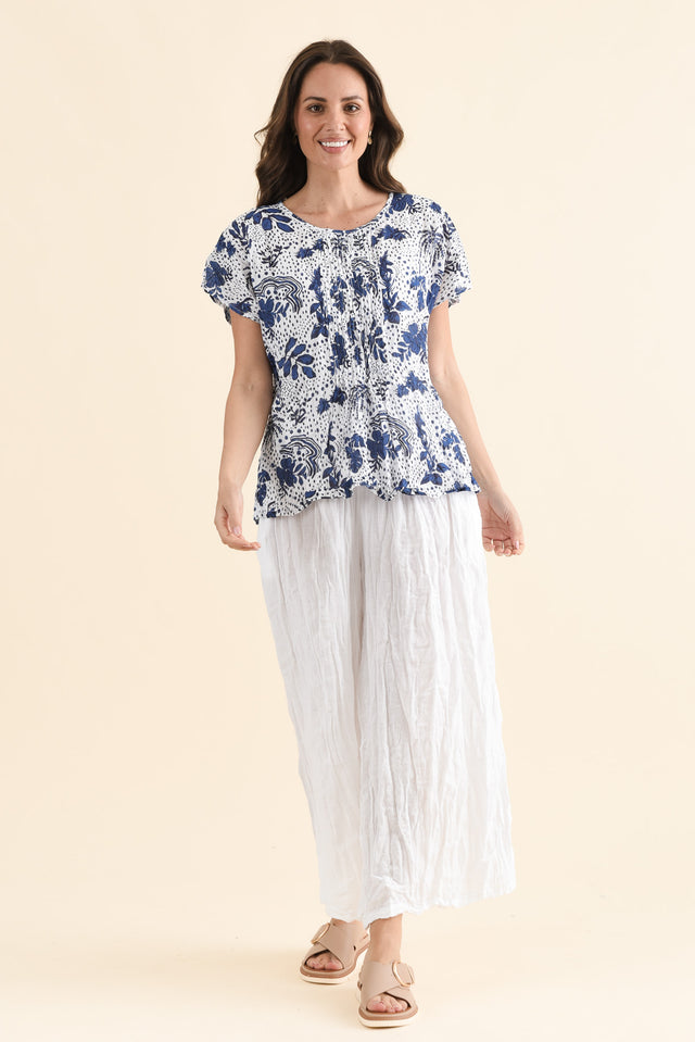 Costello White Crinkle Cotton Pants,Full Body,Brunette model,alt text|model:MJ