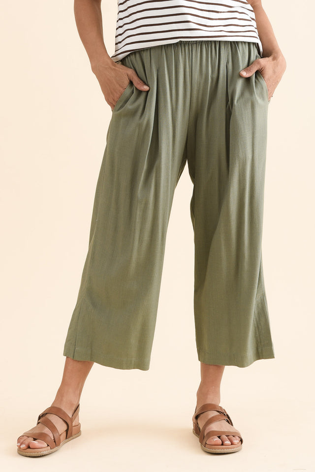 Belinda Khaki Linen Blend Cropped Pants,Front,Brunette model,alt text|model:Cara