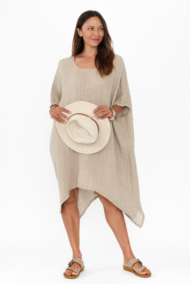Belize Natural Linen Kaftan,Brunette model,alt text|model:Cara image 1