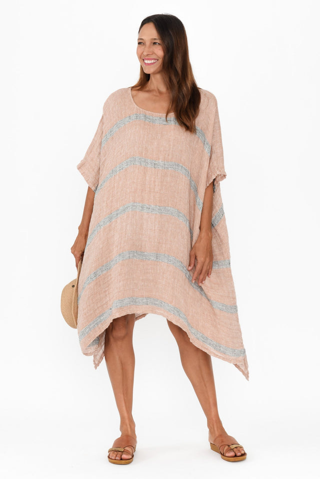 Belize Pink Stripe Linen Kaftan,Brunette model,alt text|model:Cara image 1