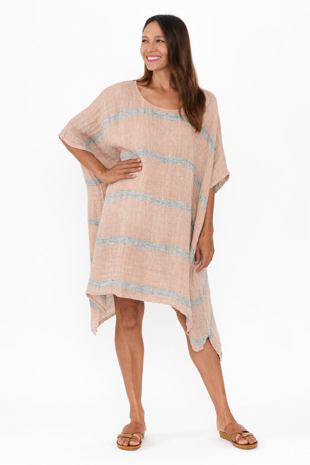 Belize Pink Stripe Linen Kaftan,Brunette model,alt text|model:Cara image 8