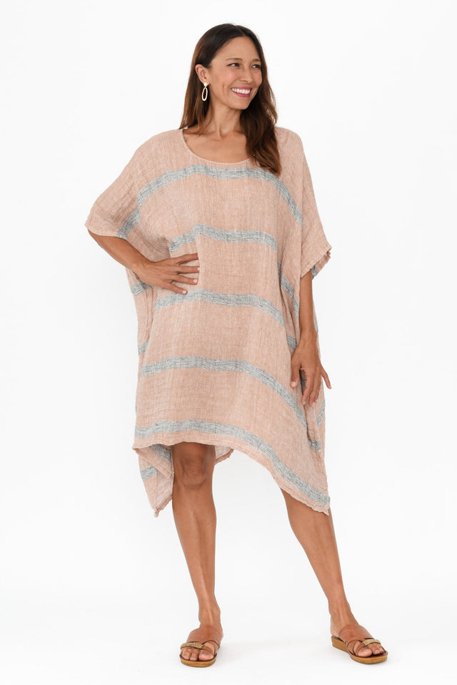 Belize Pink Stripe Linen Kaftan,Brunette model,alt text|model:Cara image 3