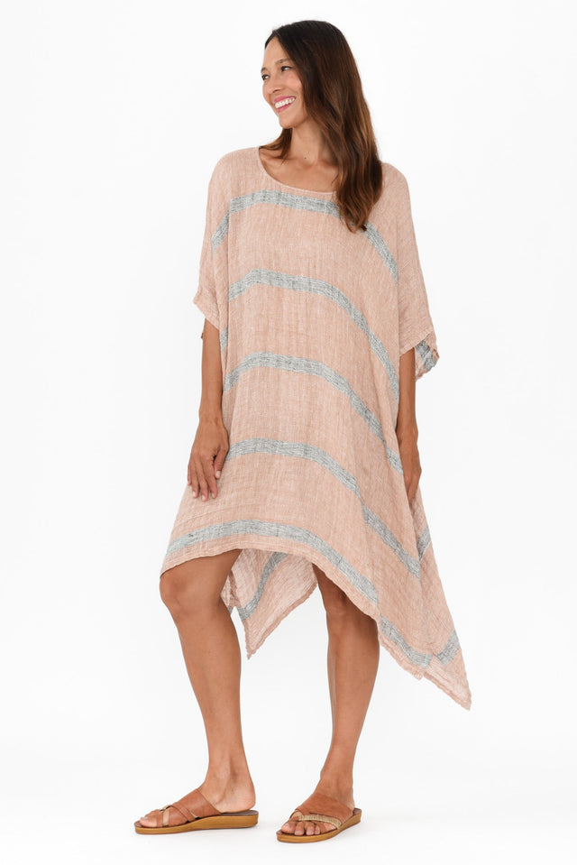 Belize Pink Stripe Linen Kaftan,Brunette model,alt text|model:Cara image 4