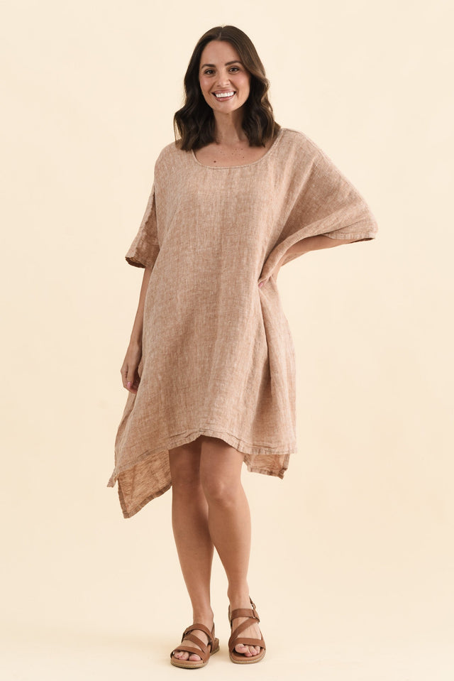 Belize Rust Linen Kaftan,Front,Brunette model,alt text|model:MJ image 1