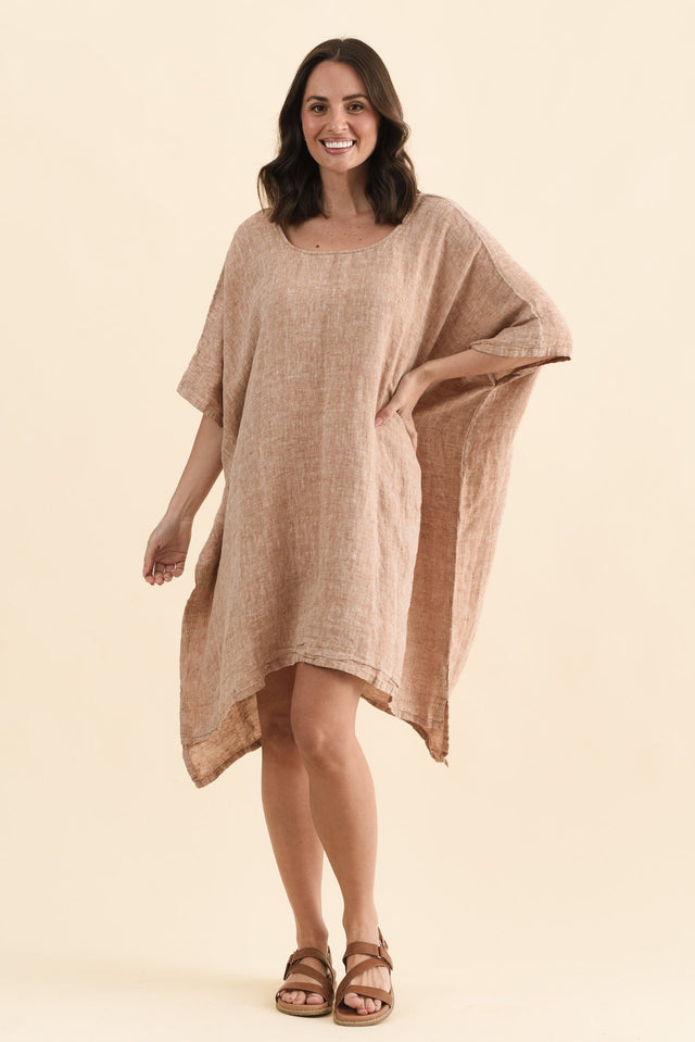 Belize Rust Linen Kaftan,Full Body,Brunette model,alt text|model:MJ image 3