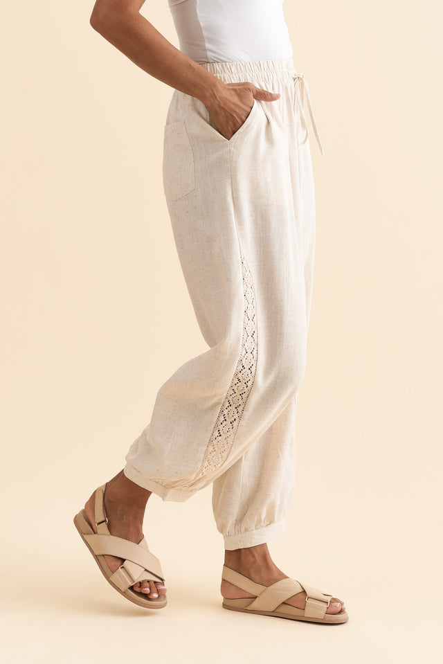 Beretta Beige Lace Linen Blend Pants,Brunette model,alt text|model:Cara image 3