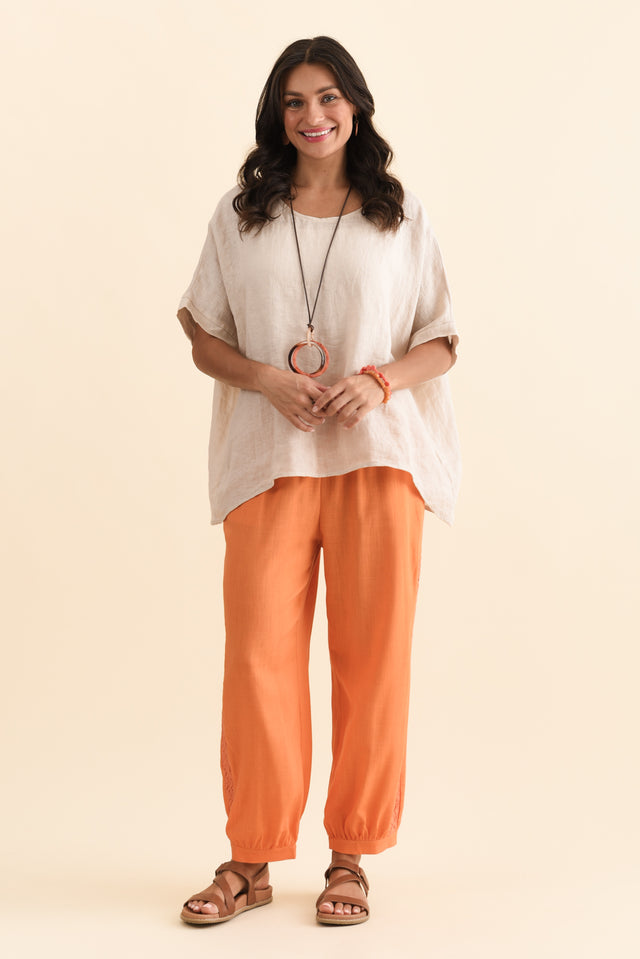 Beretta Orange Lace Linen Blend Pants,Brunette model,alt text|model:Brontie image 8