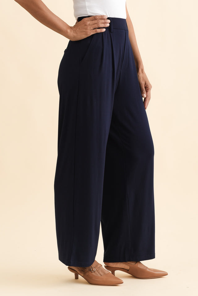 Billie Navy Bamboo Wide Leg Pants,Brunette model,alt text|model:Cara image 5