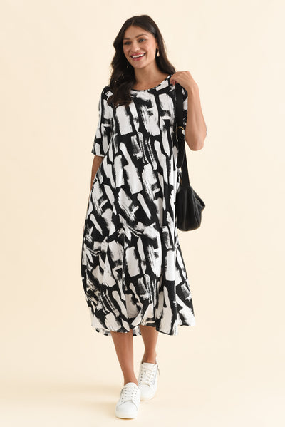 Black Brush Stroke Micro Modal Tri Drape Dress