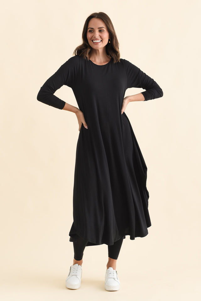 Black Long Sleeved Micro Modal Drape Dress,Brunette model,alt text|model:MJ image 3
