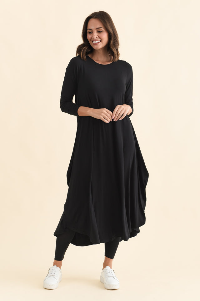 Black Long Sleeved Micro Modal Drape Dress,Brunette model,alt text|model:MJ image 7