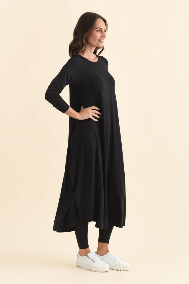 Black Long Sleeved Micro Modal Drape Dress,Brunette model,alt text|model:MJ image 4
