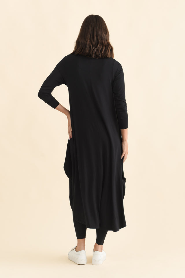 Black Long Sleeved Micro Modal Drape Dress,Brunette model,alt text|model:MJ image 5