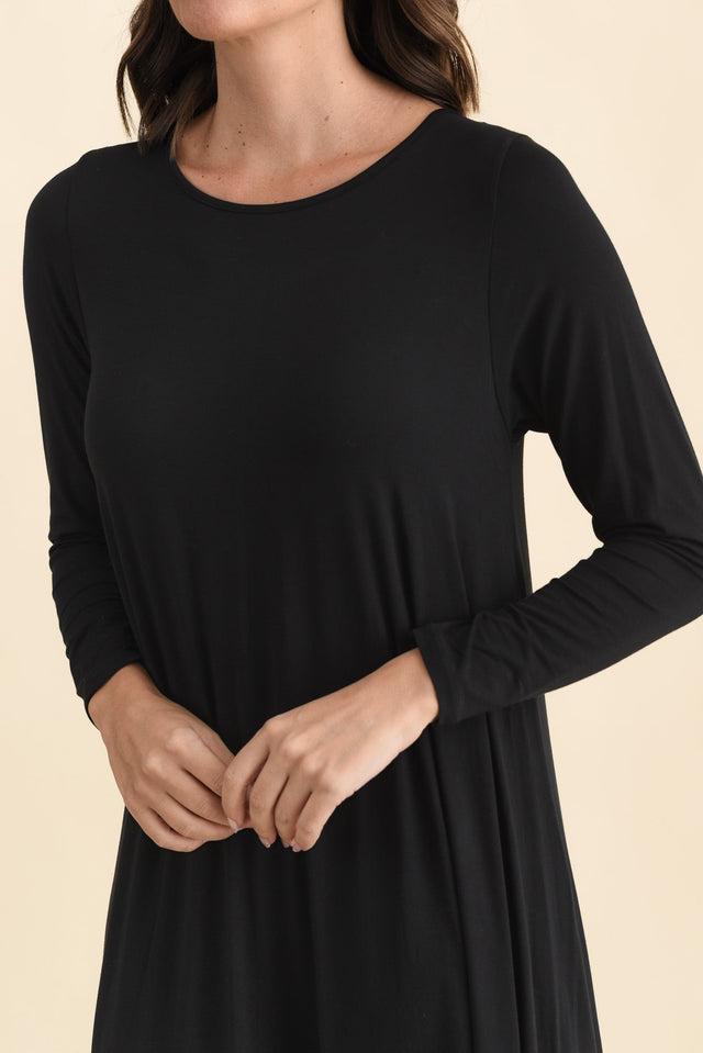 Black Long Sleeved Micro Modal Drape Dress,Brunette model,alt text|model:MJ image 6