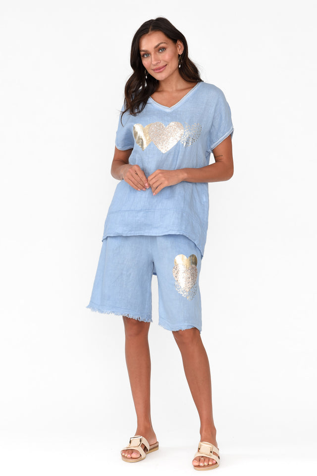 Katana Blue Foil Heart Linen Shorts image 2