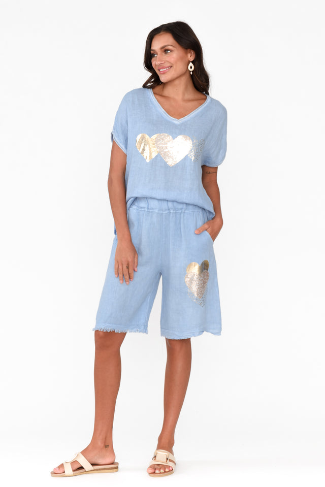 Katana Blue Foil Heart Linen Shorts