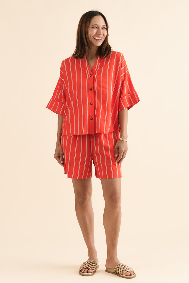 Bloom Orange Stripe Linen Blend Shirt,Full Body,Brunette model,alt text|model:Cara image 6