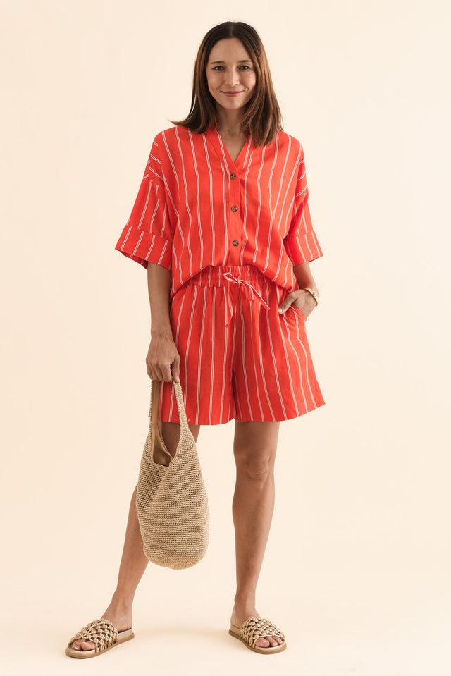 Bloom Orange Stripe Linen Blend Shirt,Full Body,Brunette model,alt text|model:Cara image 2