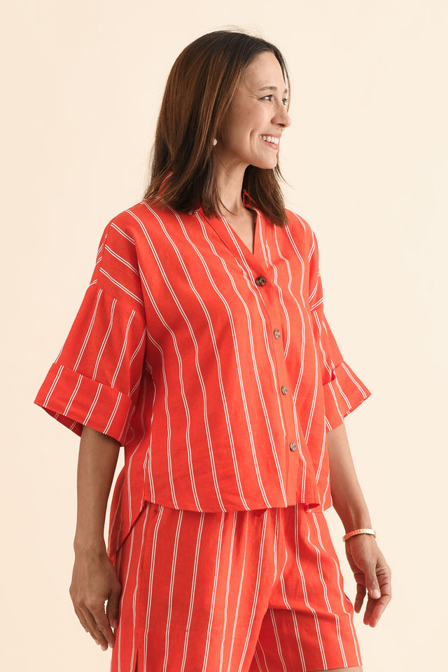 Bloom Orange Stripe Linen Blend Shirt,Side,Brunette model,alt text|model:Cara image 3